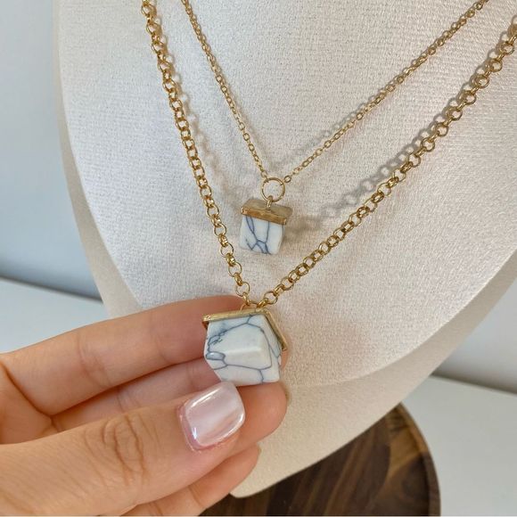 3/$20 Gold Double Strand Necklace with Natural Stone Pendants - Picture 4 of 5